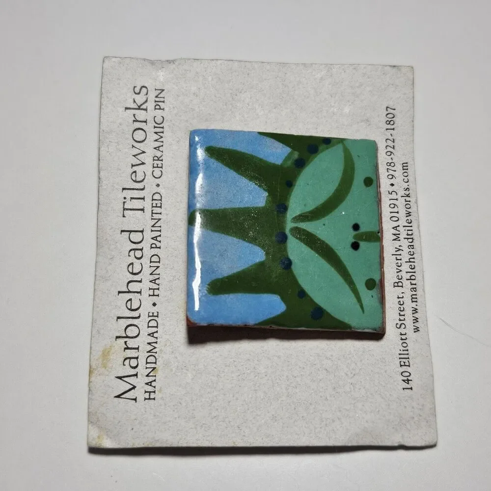 Marblehead Tileworks Green And Blue Painted Tile Brooch